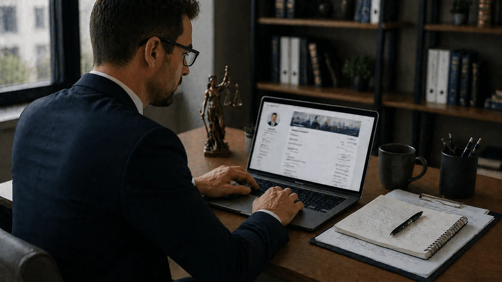 Attorney editing LinkedIn profile information on laptop