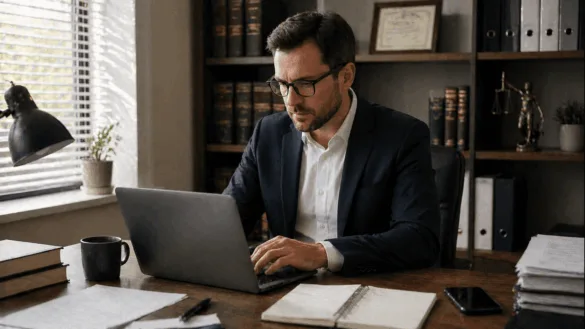 Solo attorney working at desk managing legal practice and tasks