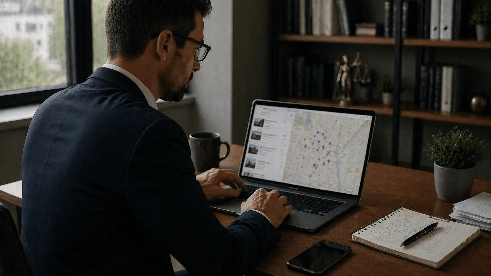 User viewing local search results for legal services on device
