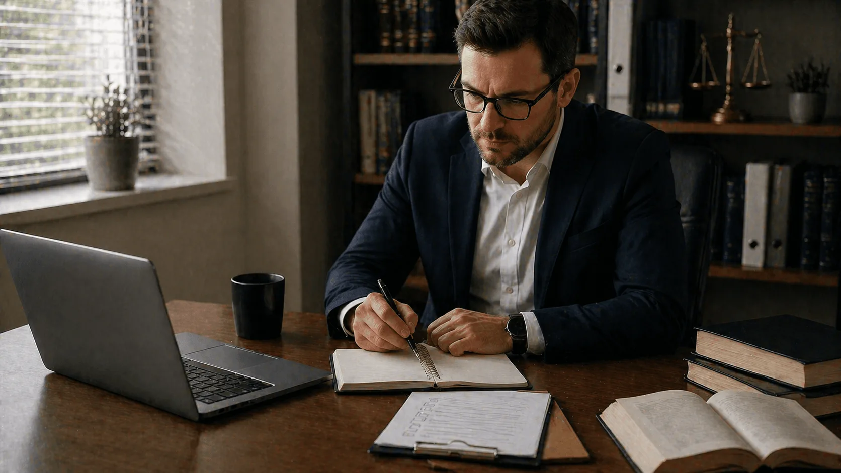 Solo attorney planning work and marketing tasks at desk