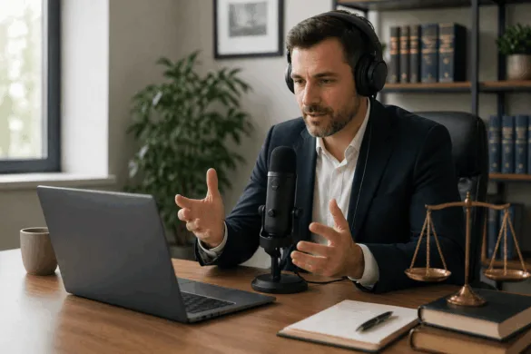 lawyer recording podcast episode with microphone and laptop