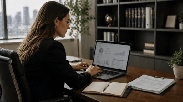 Law firm partner analyzing marketing performance on laptop