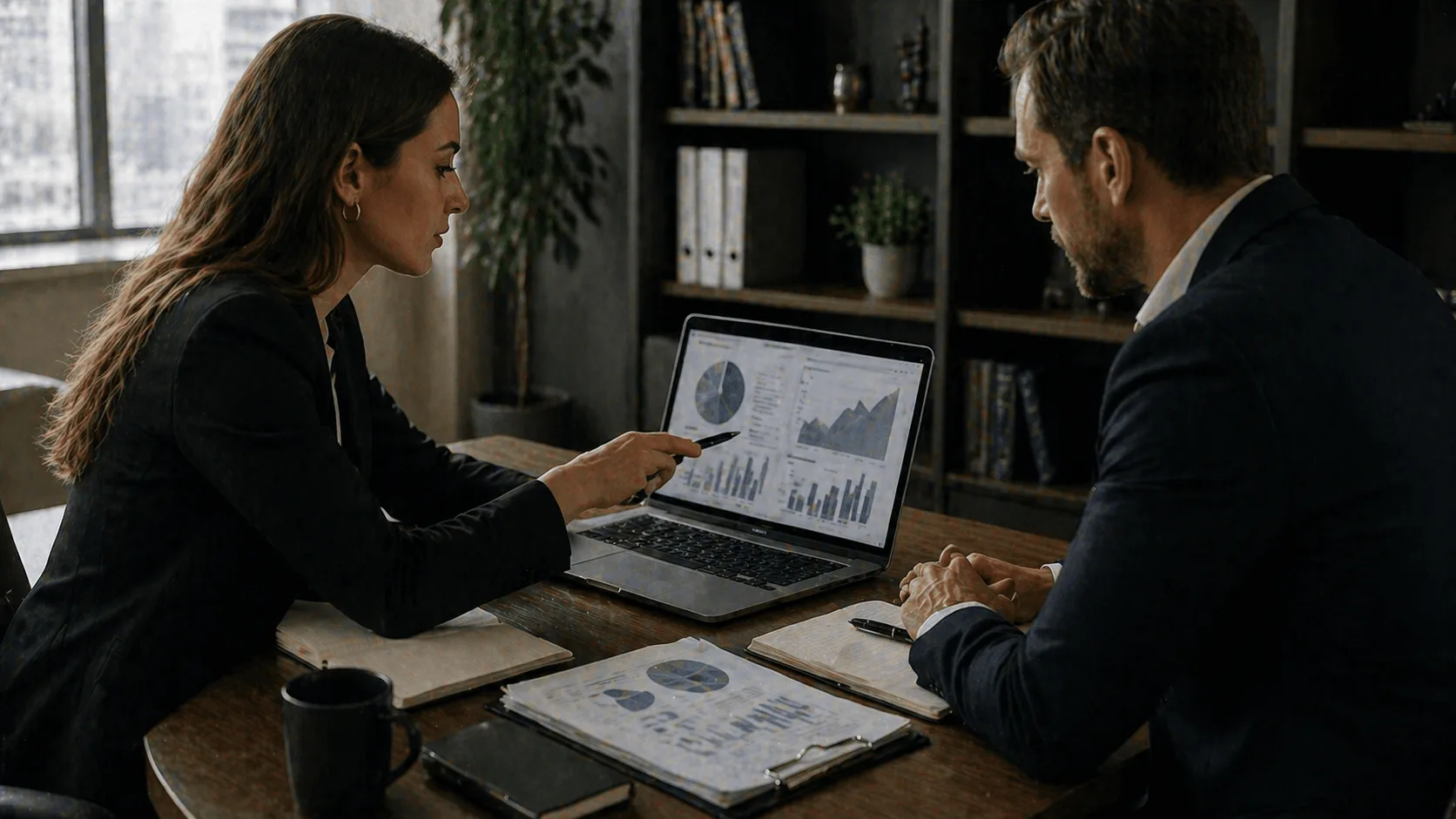 Attorney and marketing expert discussing strategy at desk