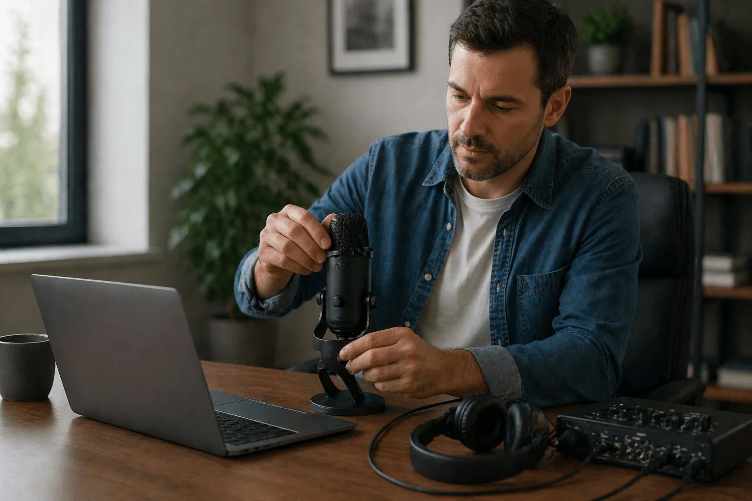 setting up podcast recording equipment with microphone and laptop