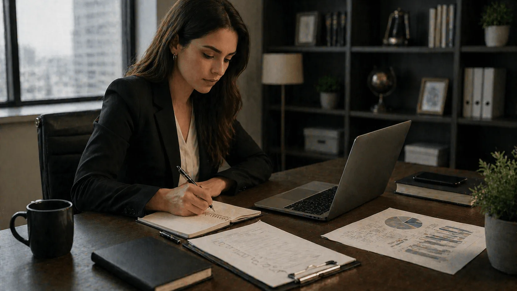 Attorney reviewing marketing plan and making notes at desk