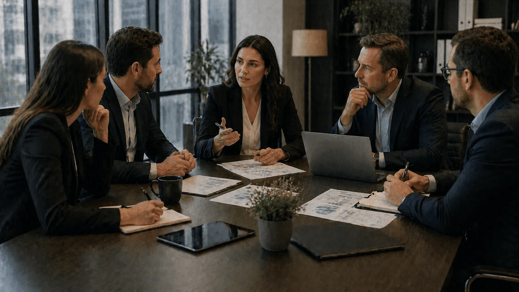 Business team discussing legal decisions in meeting