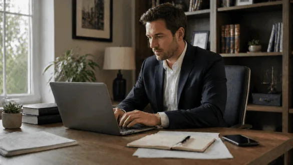 Small law firm owner working at desk managing legal and marketing tasks