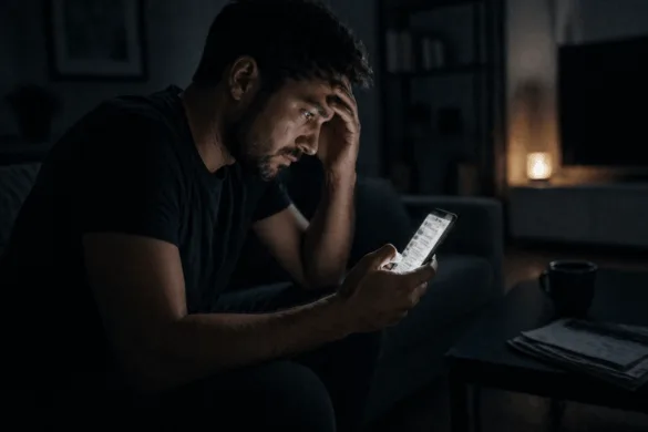 person searching for divorce lawyer on smartphone at night in emotional distress