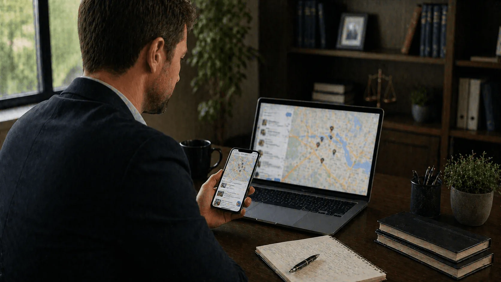 User searching for local law firm services on map interface