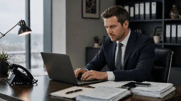 Personal injury attorney reviewing case files and marketing data at desk