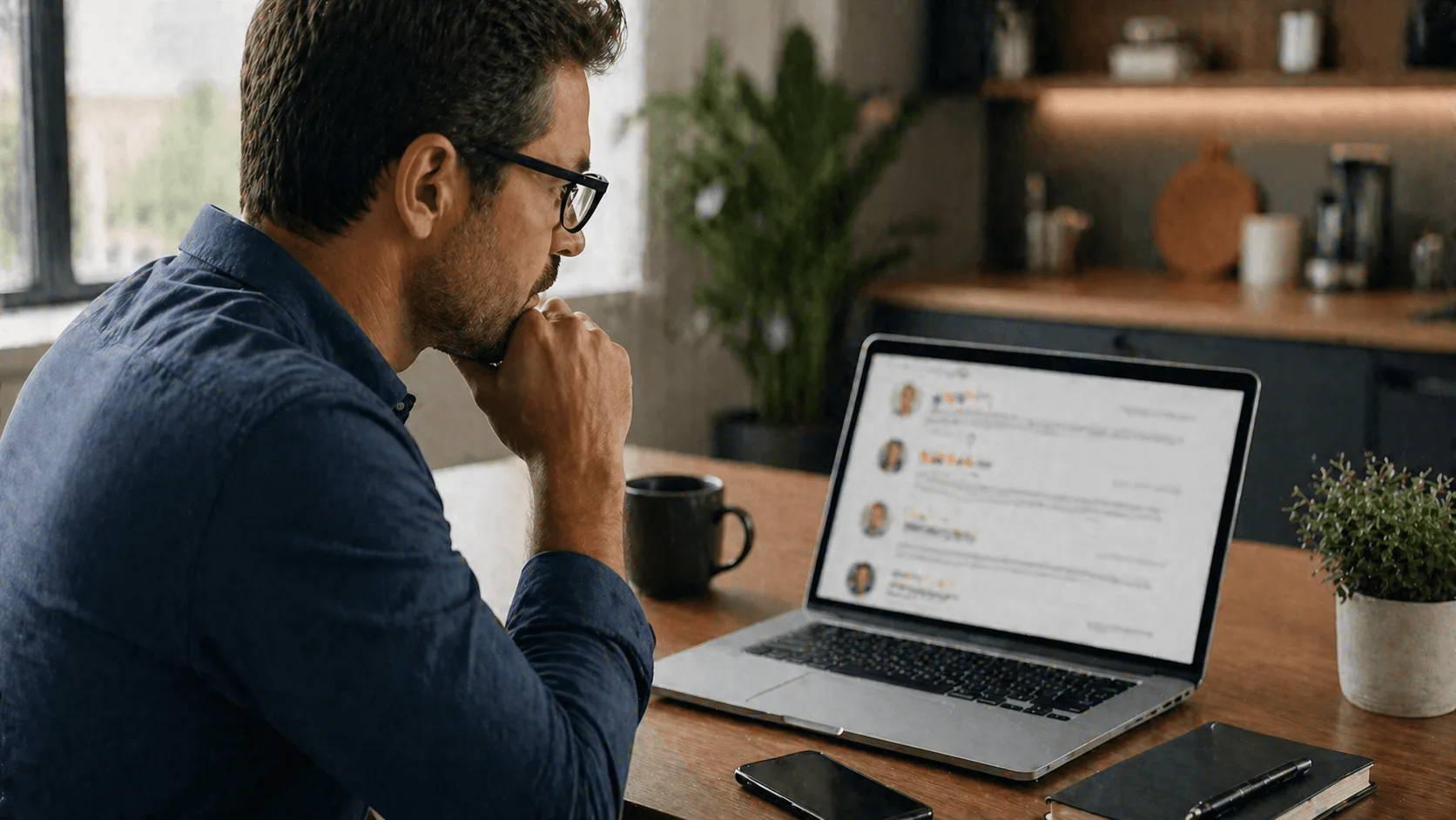 Person reviewing law firm ratings and client feedback online