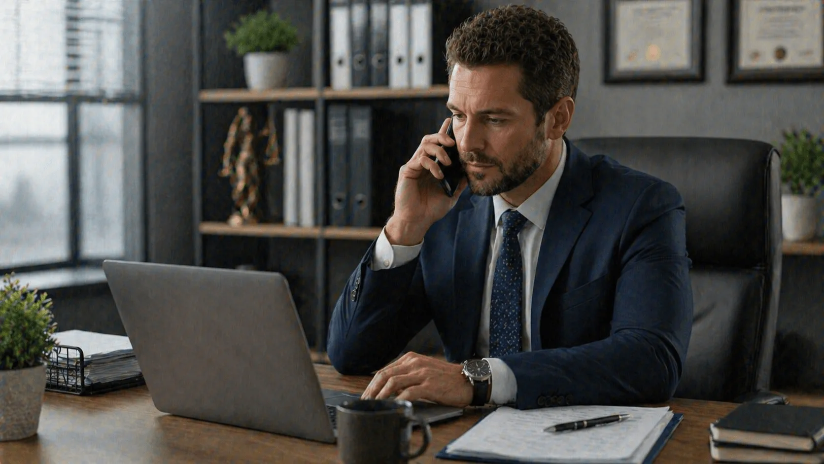 Law firm staff responding to client inquiry by phone or laptop