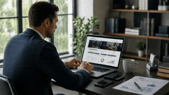 Attorney working on laptop analyzing legal marketing strategy in modern office