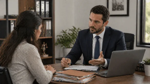Immigration lawyer consulting client in office with documents