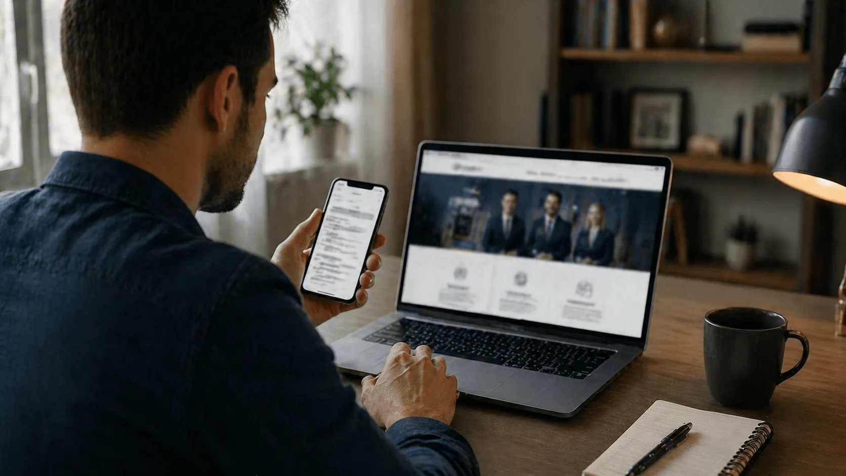 Person searching for legal services on smartphone and laptop