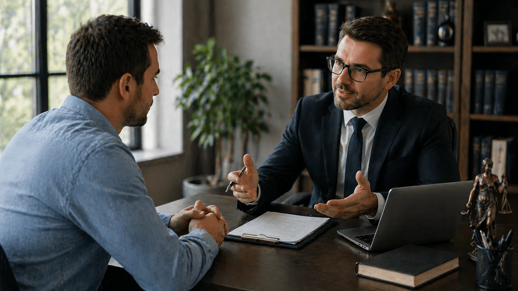 Attorney meeting with client discussing legal services at office desk