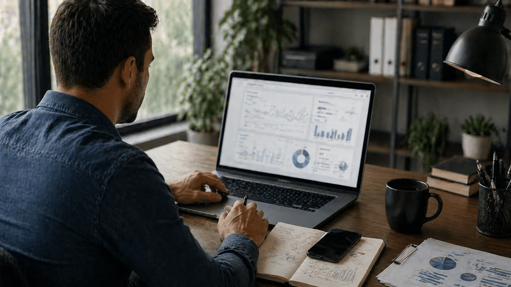 Professional analyzing SEO and digital marketing metrics on laptop