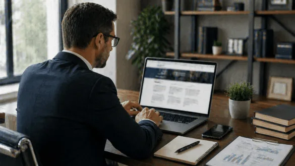 Attorney reviewing and writing website copy on laptop in office