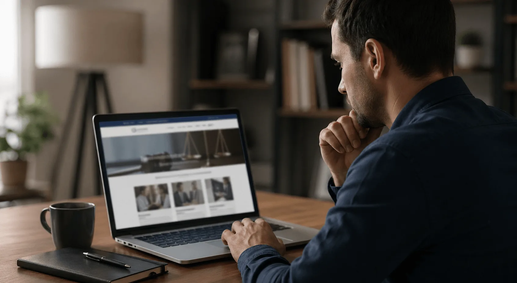 Person reading law firm homepage content on laptop
