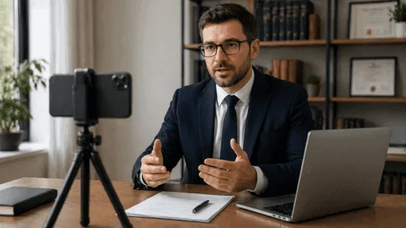 Attorney recording legal video content on smartphone in office
