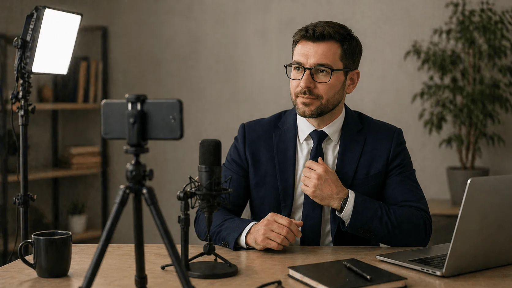 Simple video recording setup with smartphone, microphone, and lighting