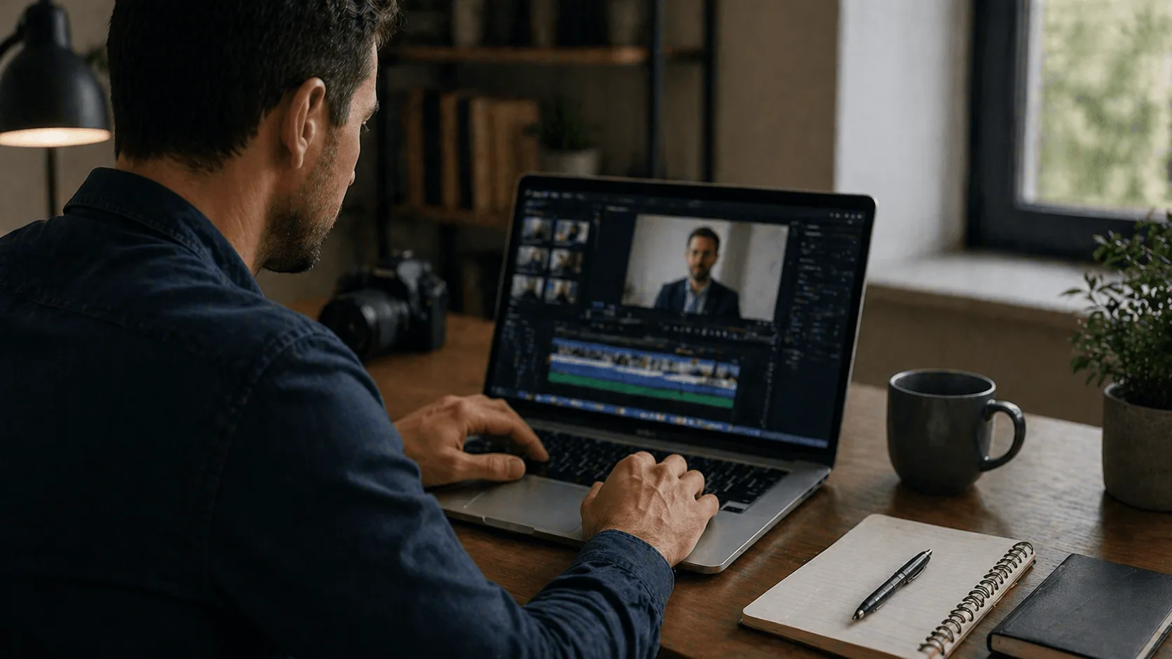Person editing legal video content on laptop