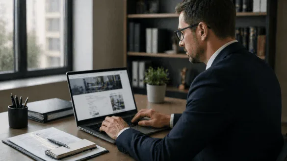 Attorney reviewing legal marketing content and compliance on laptop