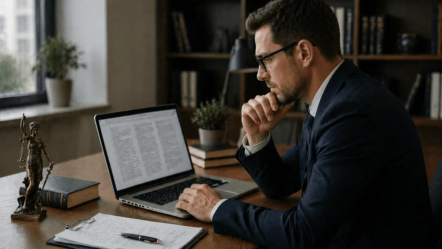 Lawyer reviewing legal rules and regulations on laptop