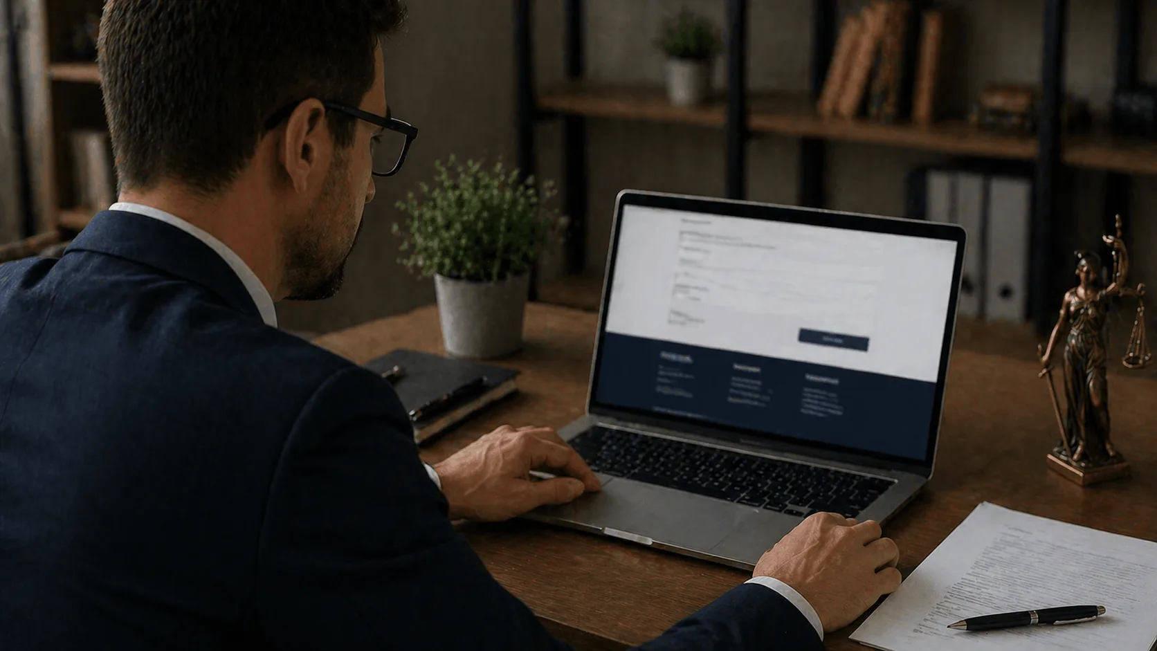 Person reviewing law firm website with disclaimers and forms